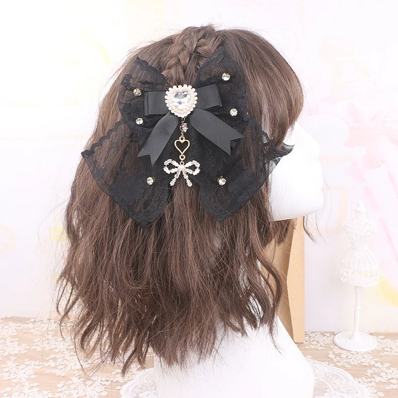Pinces à cheveux pour femmes, gros nœuds ornés, dentelle luxuriante, épingles à cheveux faites à la main, Accessoires avec nœud Lolita, strass, pinces à cheveux tendance pour femmes