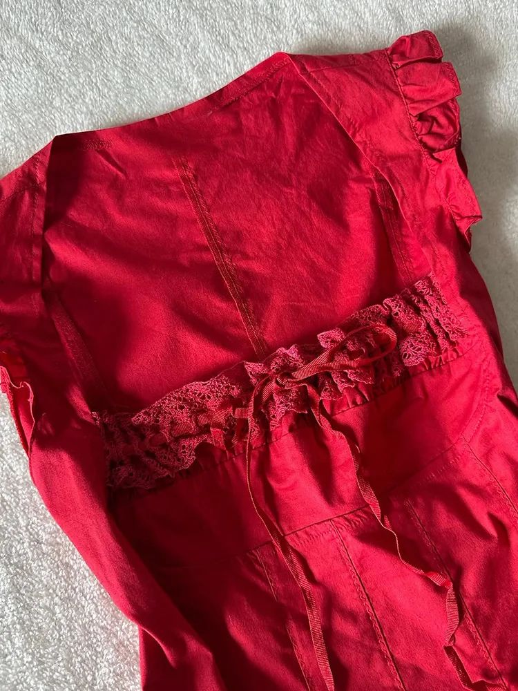 우아한 빈티지 레드 셔츠 여성용 아름다운 플라잉 슬리브 탑 편안한 면 혼방 레귤러 핏 버튼 디테일 캐주얼 셔츠