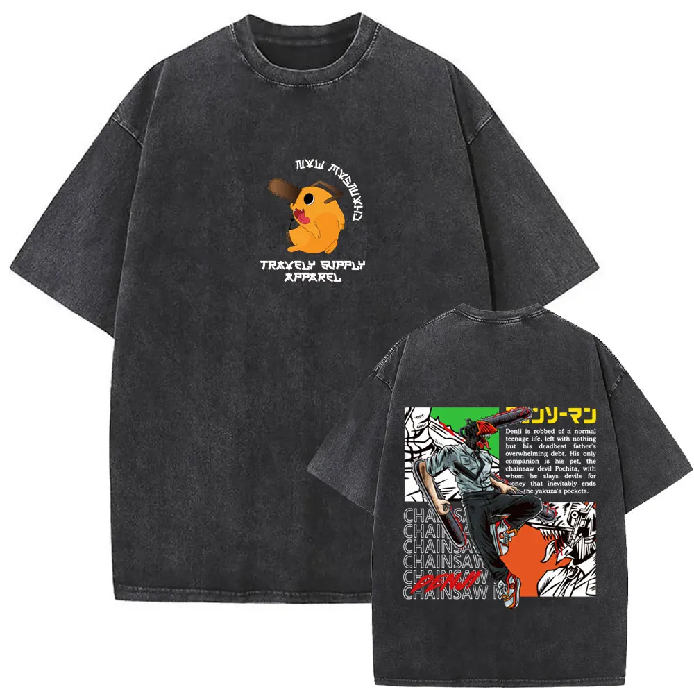 Washed Vintage Anime Chainsaw Man Pochita and Denji Fusion Graphic Print T Shirts Men Women Fashion Casual Oversized T-shirts