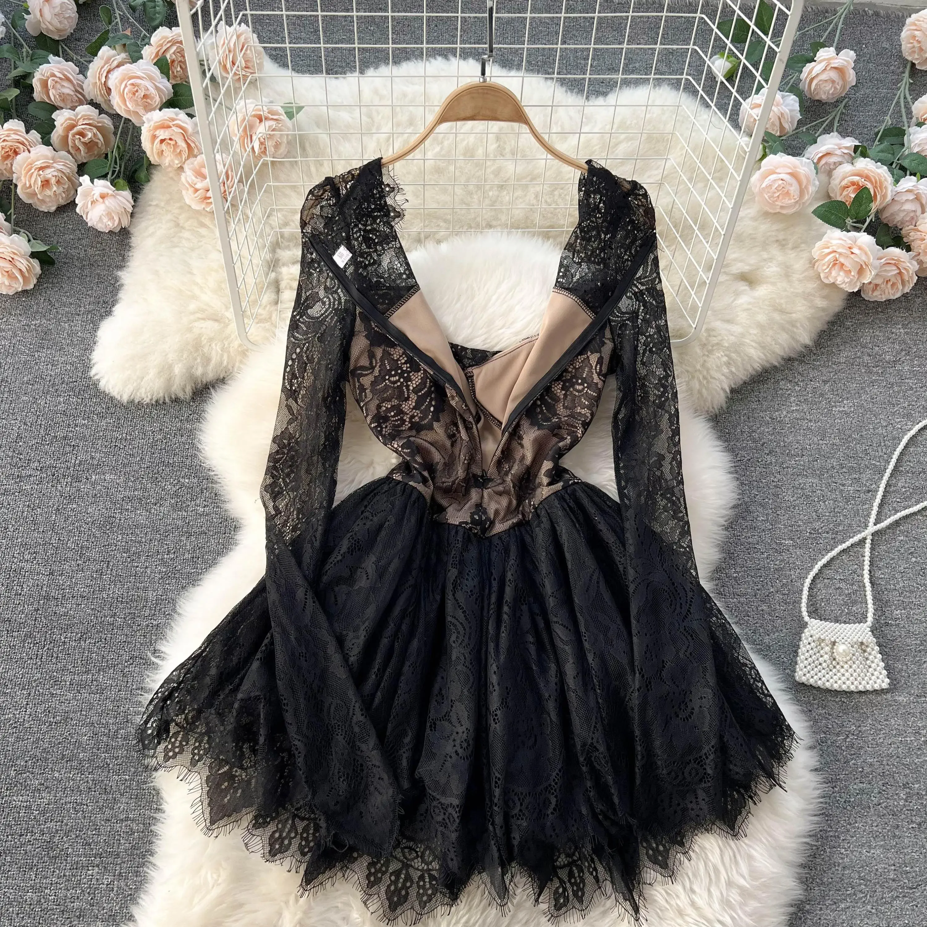 ZCWXM Black Lace Dress Woman Crochet Floral Sexy Temperament Robe Vetidos Feminino Patchwork Gauze Korean Y2k Mini Dresses