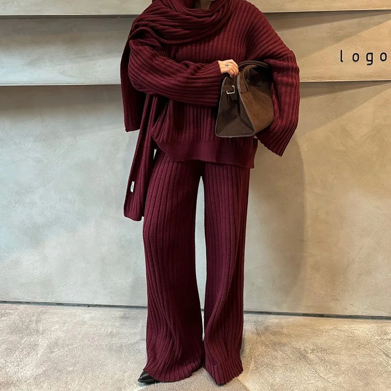 Moda retro conjunto de camisola de malha com cachecol cor sólida casual chique calças femininas 2 pçs conjunto outono inverno na moda roupas femininas
