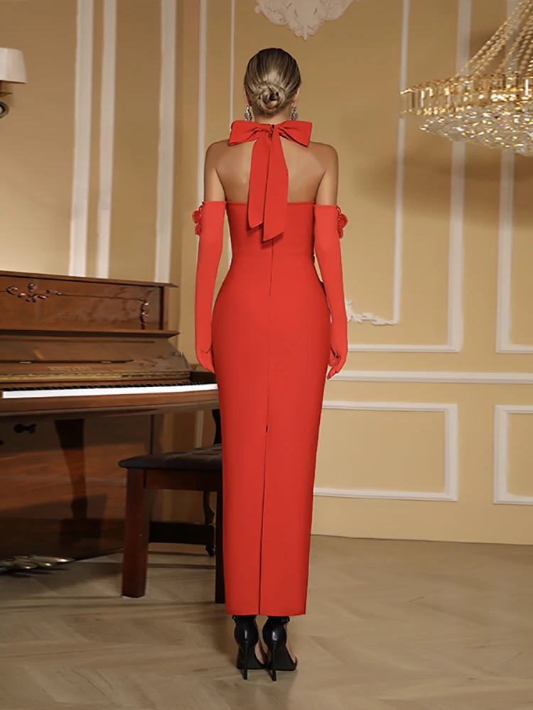 섹시한 홀터넥 3D 플라워 밴디지 드레스 (장갑 포함) 여성용 민소매 백리스 플로럴 바디콘 롱 드레스 이브닝 파티 정장