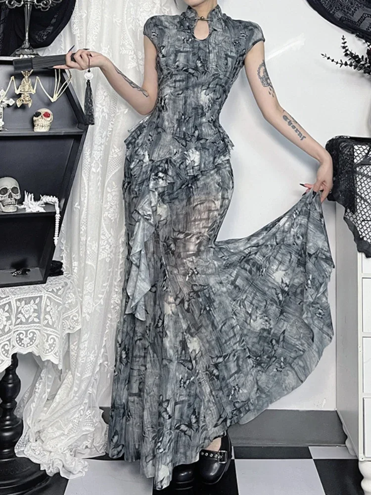 Spódnica w stylu chińskim w stylu vintage damska estetyczna wróżka Grunge elegancka spódnica z wysokim stanem z nadrukiem motyla Y2k E-girl Clubwear