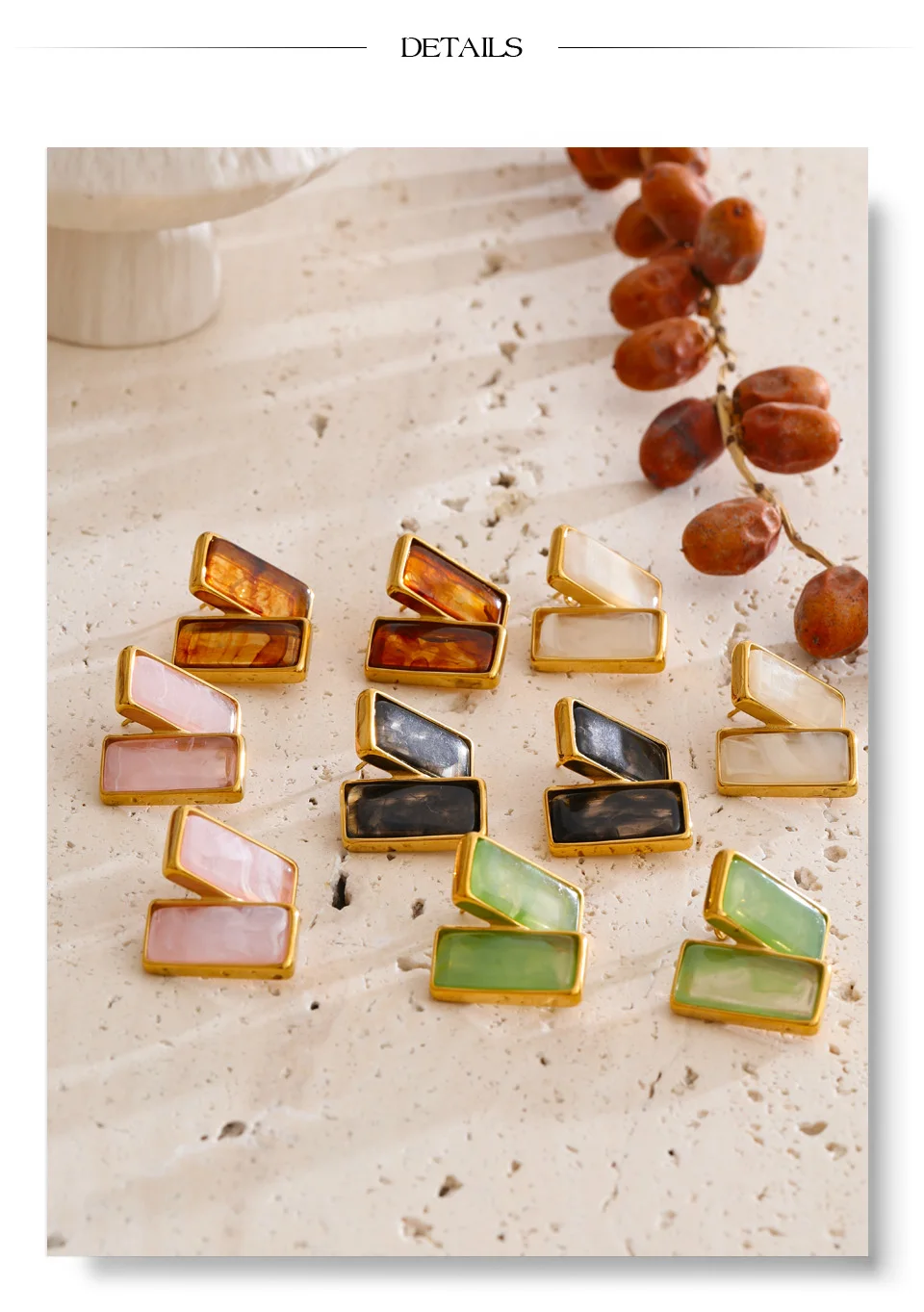 Yhpup Multi Color Stainless Steel Acrylic Resin Rectangle Stud Earrings Tarnish Resistant Daily Fashion Jewelry PVD Plated