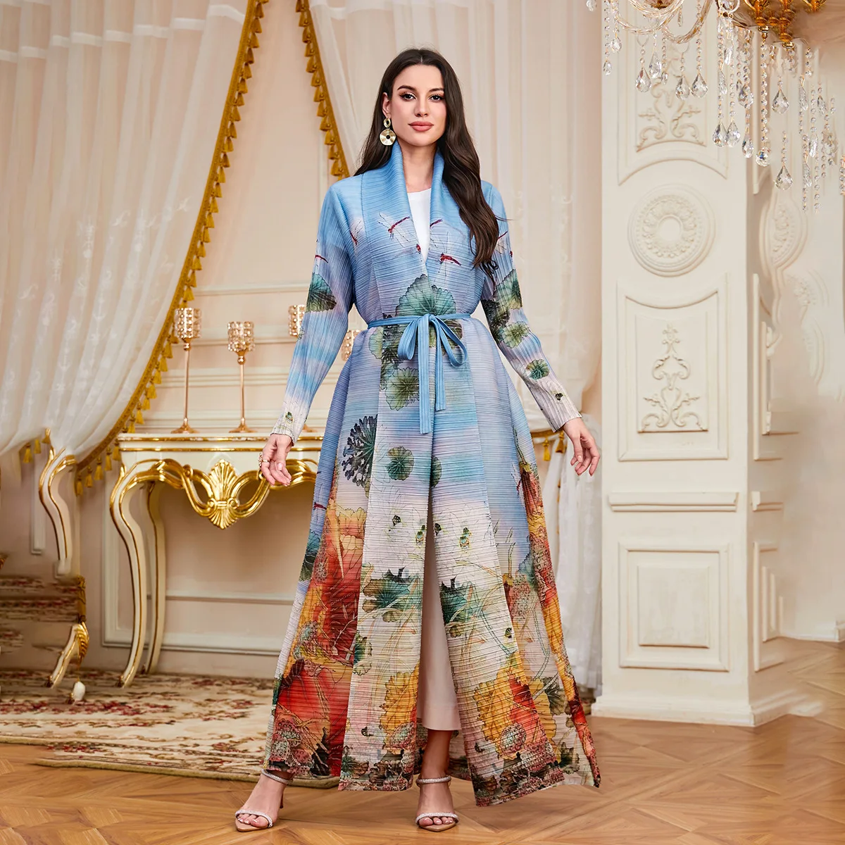 Miyake Pleated Women's Trench Coat Abaya Middle East Models Fashion Printing Outer Cloak Loose Large Size Temperament Long Robe