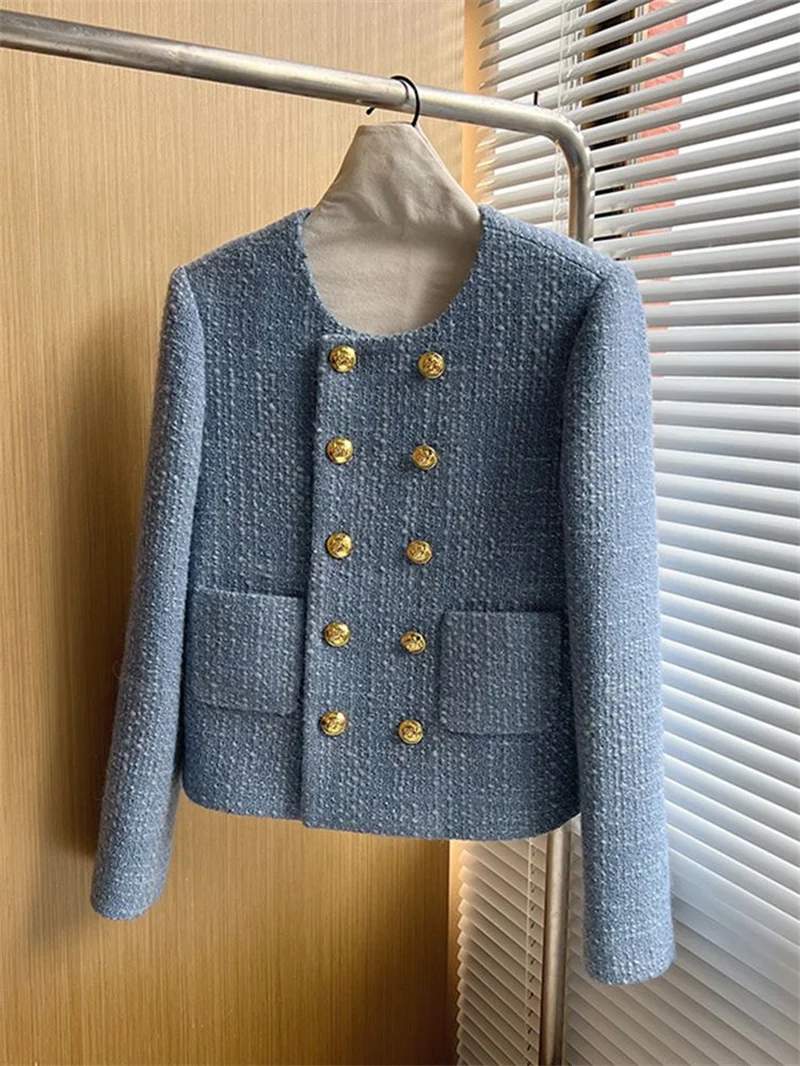 Abrigo elegante de Tweed francés para mujer, chaqueta corta de manga larga con doble botonadura y cuello redondo, otoño, 2024