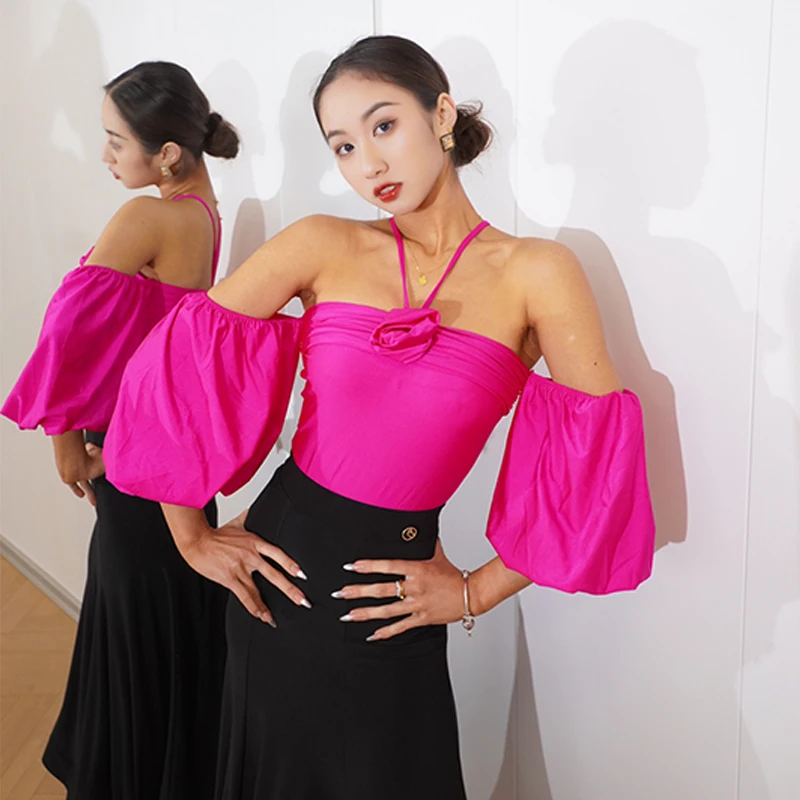 

2023 New Ballroom Dance Clothes Women Rose Pink Bubble Sleeves Tops Black Skirt Adult Performance Costume Prom Wear DNV18087