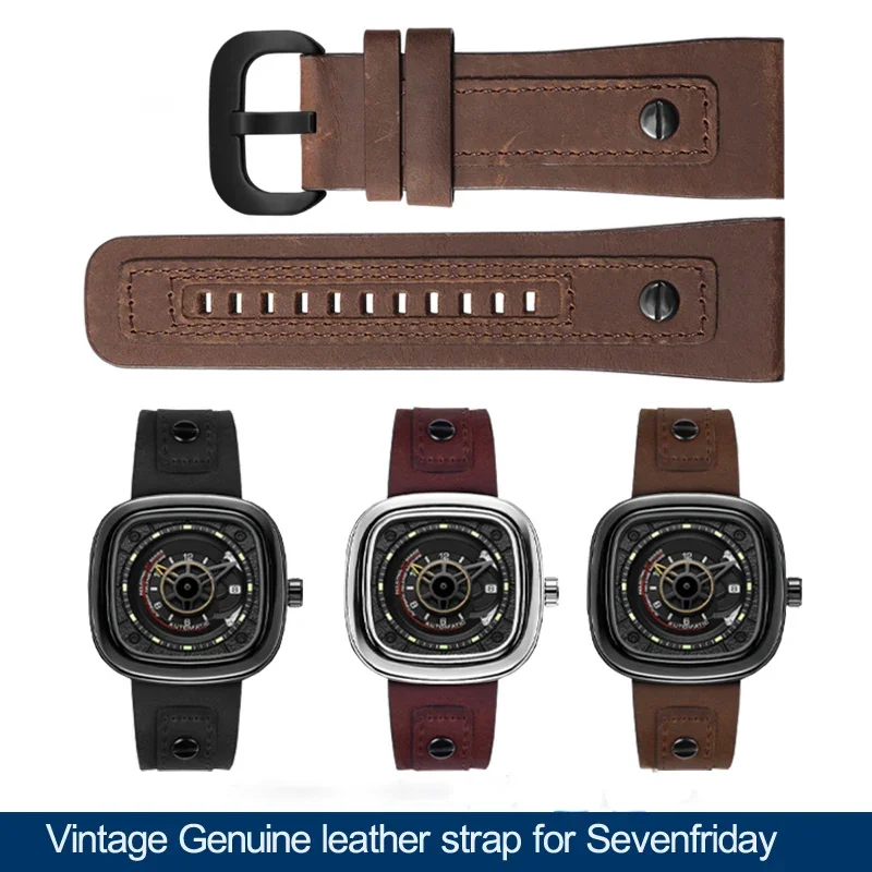 Watch Band Men's Genuine Leather For Sevenfriday Series p2b02 Q2 / 02 / P3 / T2 Vintage Brown Black Watch Strap 28mm