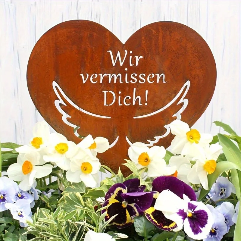 1pc Metal Memorial Grave Decoration - Rustic Cemetery Decor with Heart Shape - Weatherproof Tombstone Stake for Outdoor