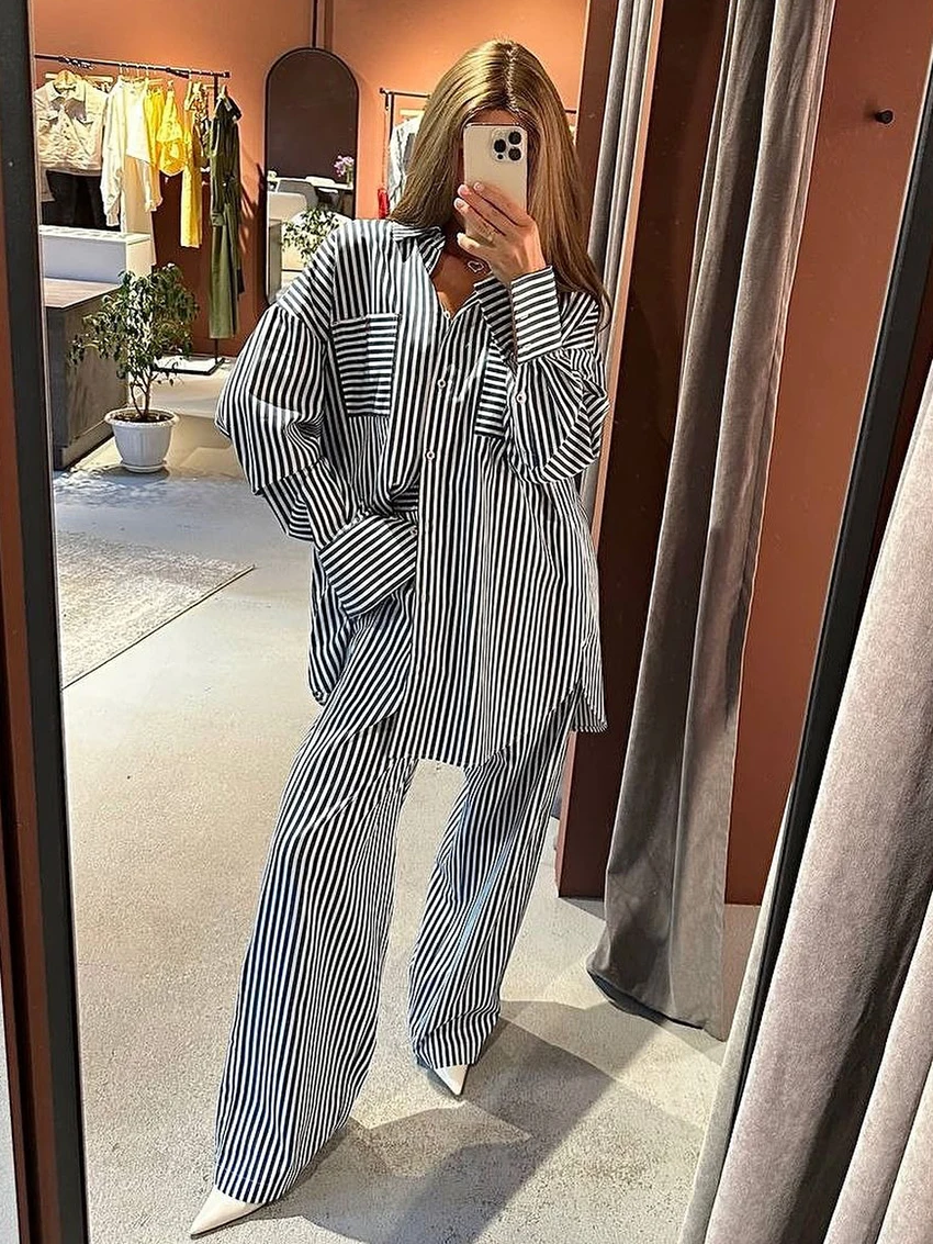 

Marthaqiqi Fashion Striped Ladies Nightgowns Set Sexy Turn-Down Collar Sleepwear Long Sleeve Nightwear Pants Female Pajamas Suit