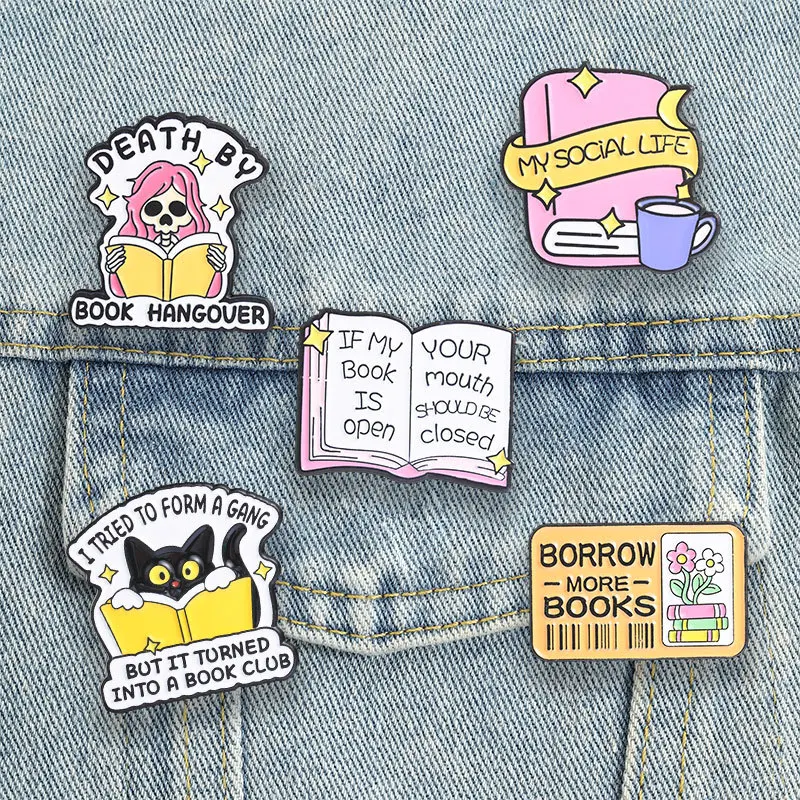 Funny Reading Quote Enamel Pins Book Club Cat Skeleton Book Themed Brooch Badge Relatable Gift for Book Lovers