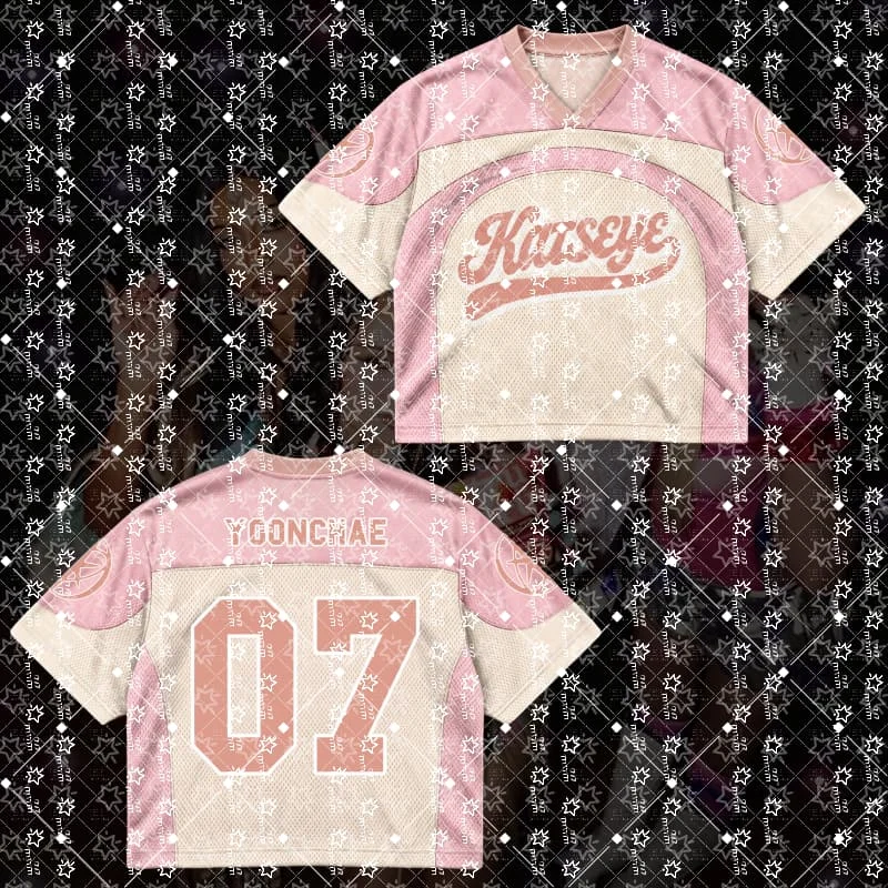 Women K-Pop Cropped Football Jersey Pink Beige Color Block Retro Script Letter Number 06 V-Neck Short Sleeve Crop Top Streetwear