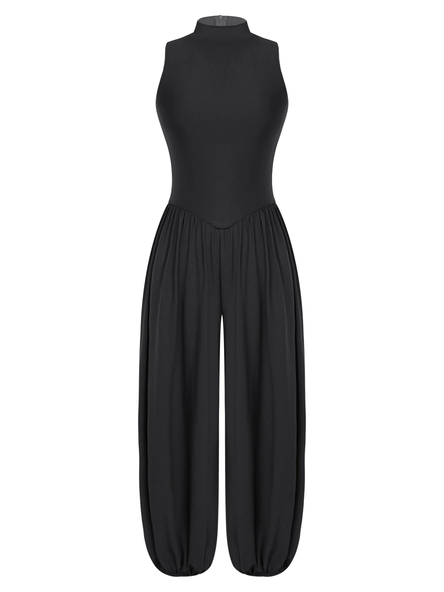 Women Jumpsuit Mock Neck Sleeveless Back Zipper V Waist Wide Leg Baggy Pants Stretchy Breathable for Vacation Office Work Summer