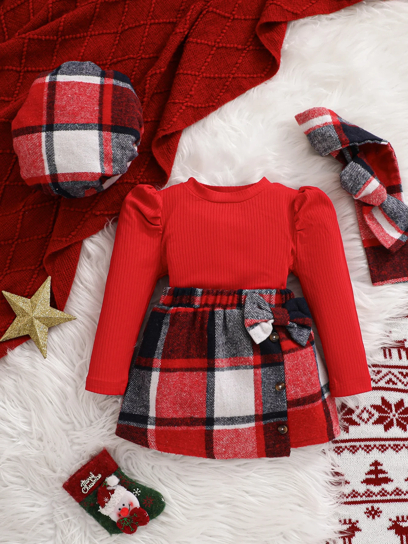 4PCS，Festive Toddler Girl Christmas Set: Red Long - Sleeve Top, Plaid Skirt, Scarf and Beret, Ideal for Holiday Gatherings