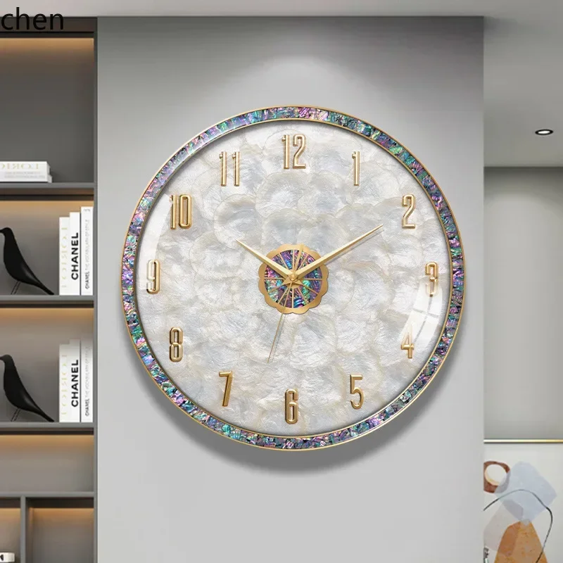 TQH-i7.7  luxury wall clock - living room seashell diamond inlay, no-drill mount, minimalist silent quartz clock