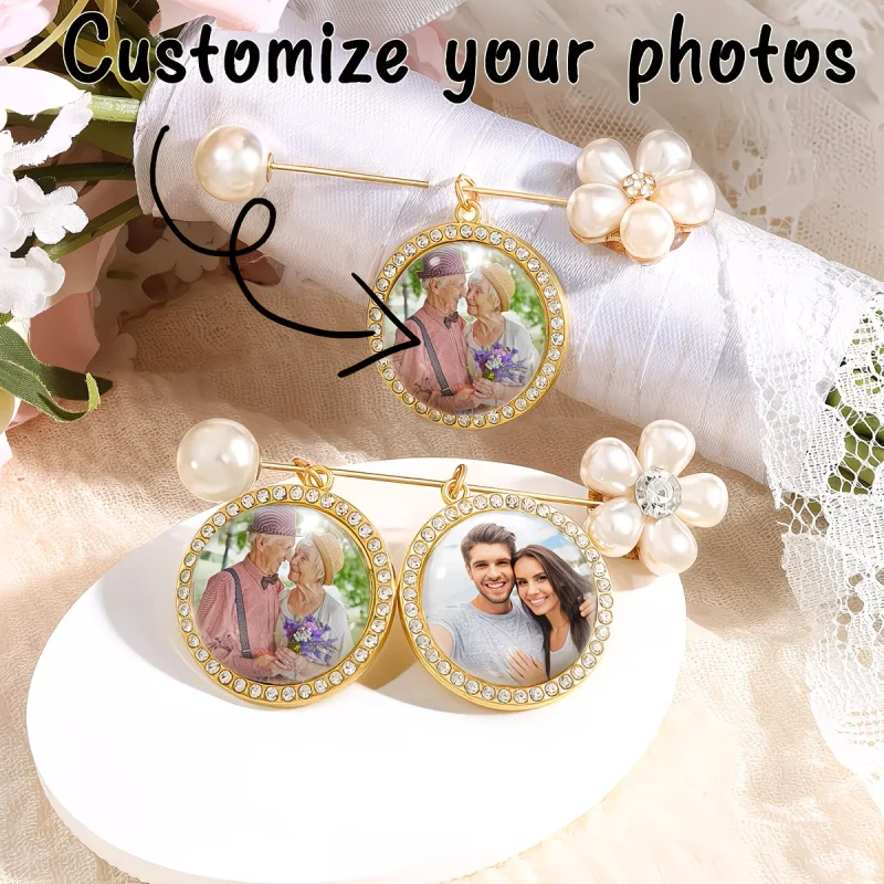 Customisable Photo Bride/Groom Commemorative Brooch Personalised Wedding Bouquet Keepsake Pendant Unique Gift for Couples