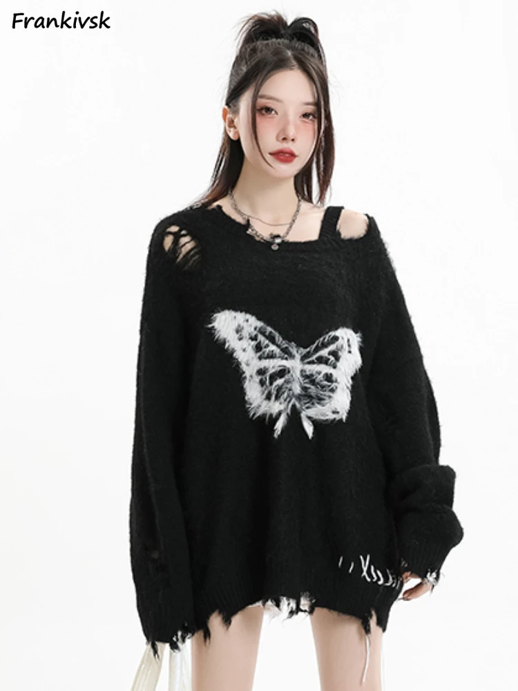 

Off Shoulder Sweaters Women Frayed Vintage American Punk Style High Street Loose Jacquard Hole Autumn Winter Hip Hop Hipster