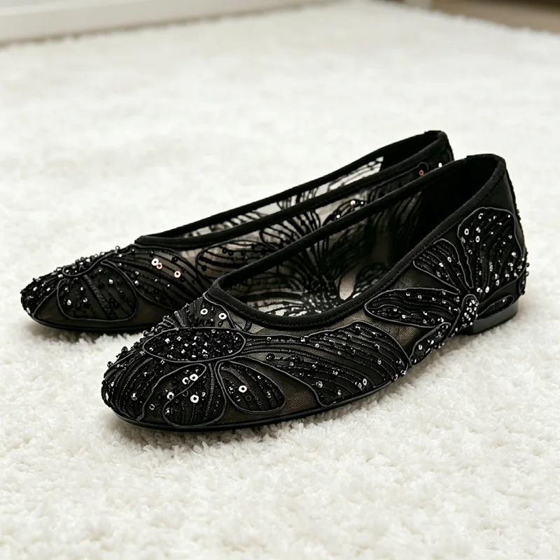 

Luxury Sequin Embellished Detail Mesh Ballet Flats Women Fashion Round-Toe Shallow Mary Jane Shoes Summer Elegant Women Shoes