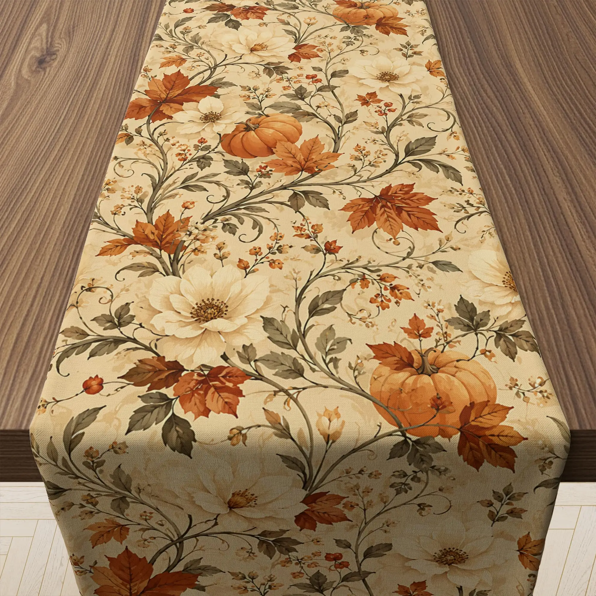 Thanksgiving Table Decor - Vintage Autumn Pumpkin Floral Table Runner