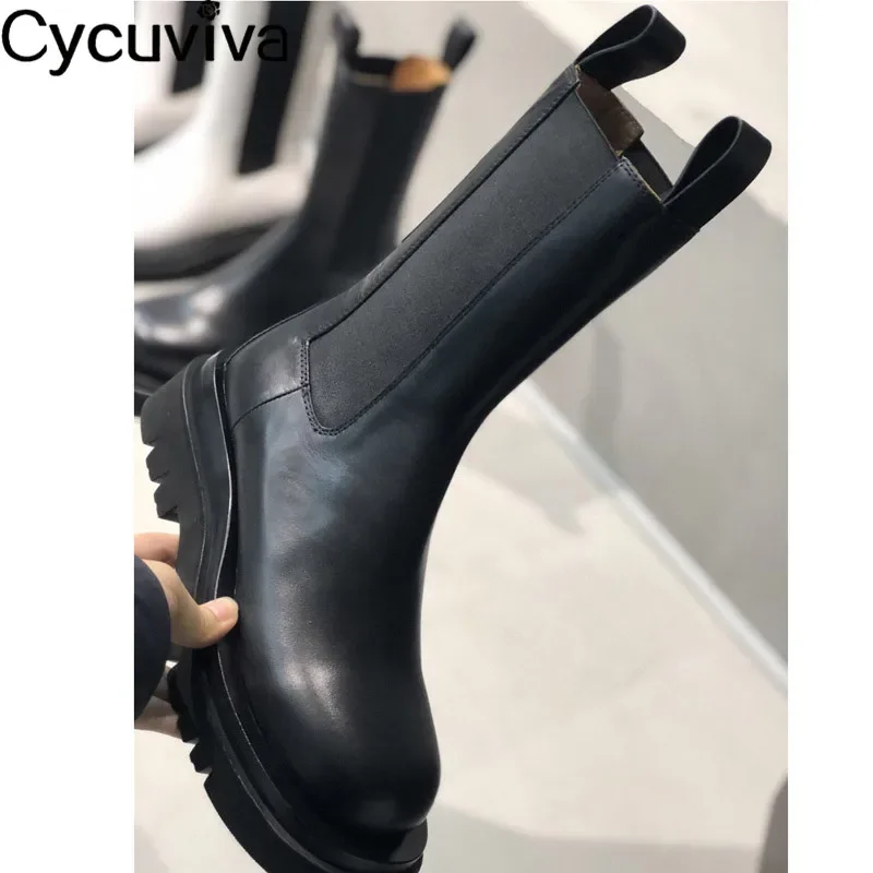 Mid-calf Chelsea Boots Women Shoes Genuine Leather Black Platform Shoes Female Bottnes Casual Motorcycle Boots For Women