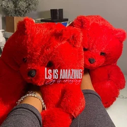 Cute Teddy bear plush Winter slippers，wrapped heel Funny indoor floor shoes，Women gift，warm soft cartoon Fluffy animal slippers