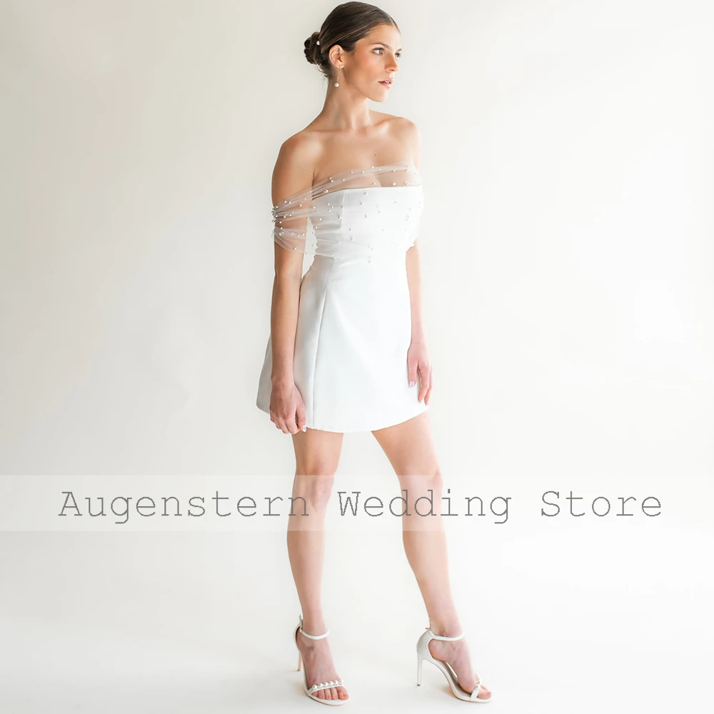 Modern Wedding Guest Dresses Satin A-line Civil Wedding Dresses	 White Strapless Pearls Cap Sleeve Wedding Party Dresses Mini