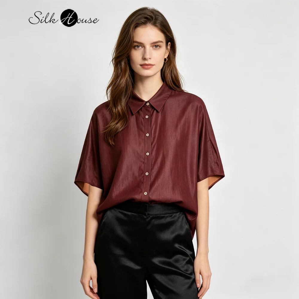 

2026 Women's Fashion Clothing Red Turn-down Collar 100%Natural Mulberry Silk Red Cloud Yarn Loose Temperament Short Sleeve Shirt