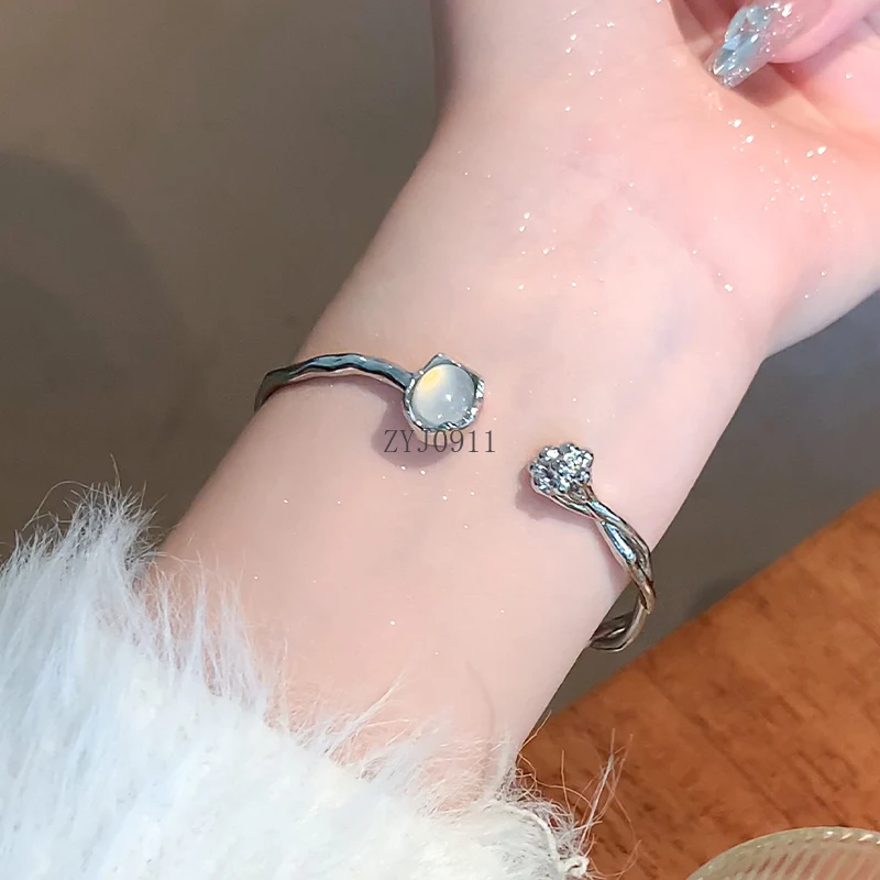 Silver Flower Moonstone Bracelet Girls' New Plain Ring Bracelet Light Luxury Niche Exquisite Bracelet Jewelry