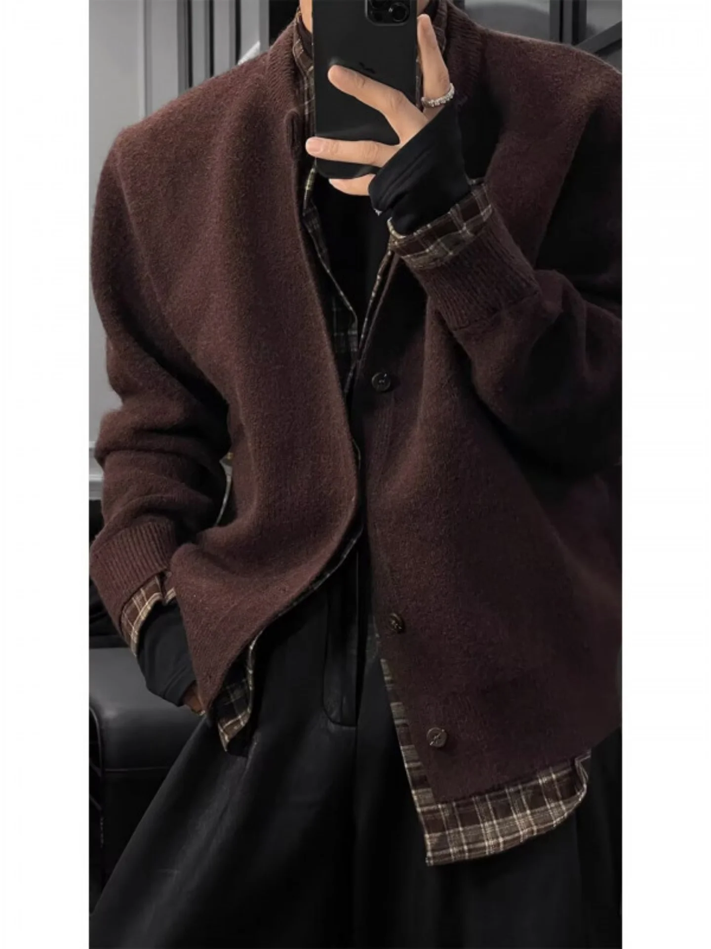 

Men's Open Cardigan Sweater Loose Plaid Splicing Lazy Sle Knitted Outerwear Autumn Winter Faion Soft Warm Casual Wear