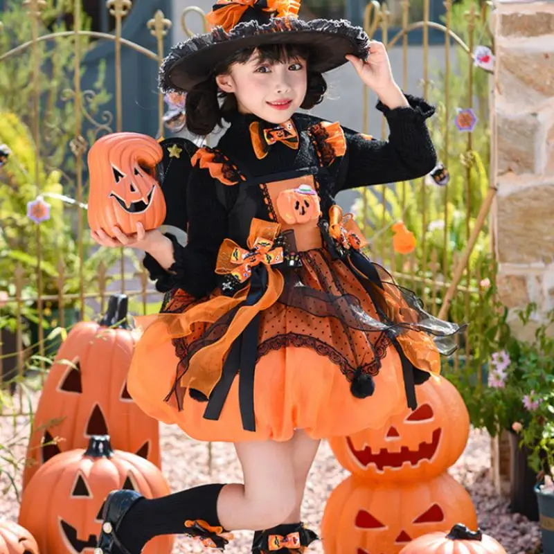 Girls' Halloween Lolita Flower Bud Dress Girls' Fashion Pumpkin Skirt Autumn/winter New Puff Skirt Dress Party Princess Dress
