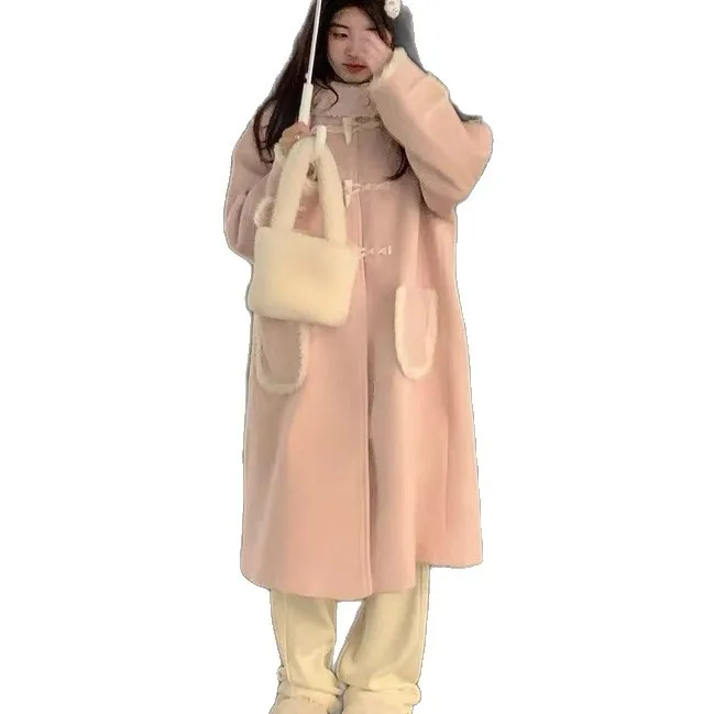 حجم كبير معطف الصوف الوردي المرأة الخريف الشتاء سميكة طويلة مقنعين سترة كسول نمط منتصف طول معطف زر إغلاق A-لي...