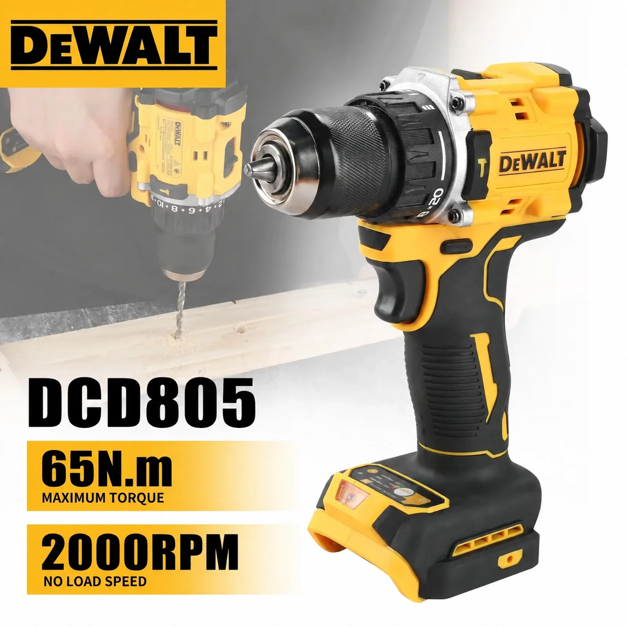 DEWALT DCD805 20V Brushless Cordless Impact Drill 10mm Self-lock Chuck 34000BPM Multi-scene Workshop Household Power Toolstool