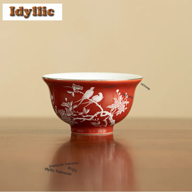 125ml Coral Red Pile Of White Magpie Teacup Creative Tea Bowl Mug Tea-tasting Smelling Cup Chazhan Master Cups Household For Tea