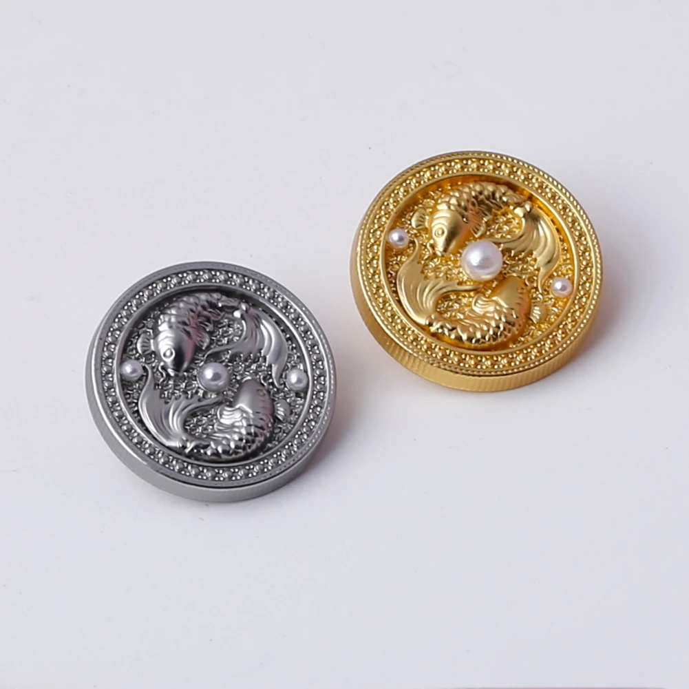 6PC Embossed 3D Goldfish Koi Jeans Shank Button With Pearl Charm Shirt Cufflinks Pisces Couple Button DIY Clothing Sewing Decor