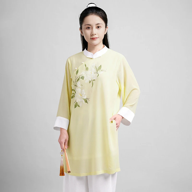 Women's Premium Qigong Practice Uniform - Chinese-Inspired Silk Linen Tai Chi Outfit for Spring, Hand Painted Buttons & Contrast