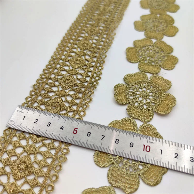 High Quality Gold Line Lace Trims Fabric Ribbon Embroidery Flowers lace Bilateral Hollowing Sewing Collar Trimmings