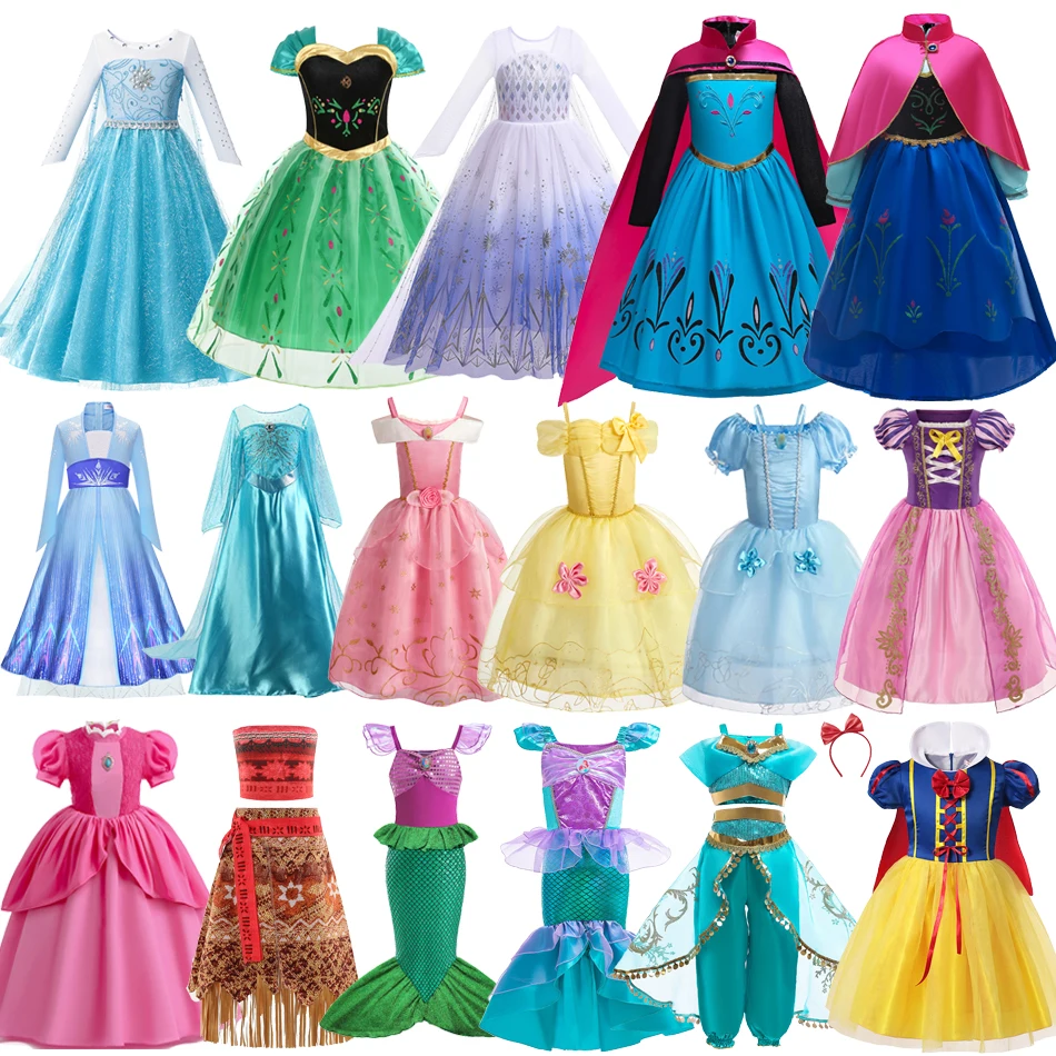 Girls Frozen Elsa Anna Dress Kids Peach Princess Carnival Dress Cinderella Rapunzel Snow White Belle Cosplay Halloween Costume