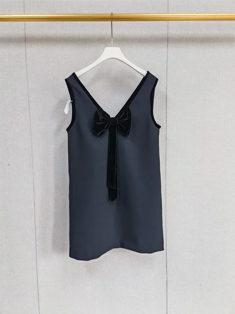 

Velvet Bowknot Women Black Tank Dress 2025 Spring New Female V-Neck Sleeveless Sweet Mini Robe