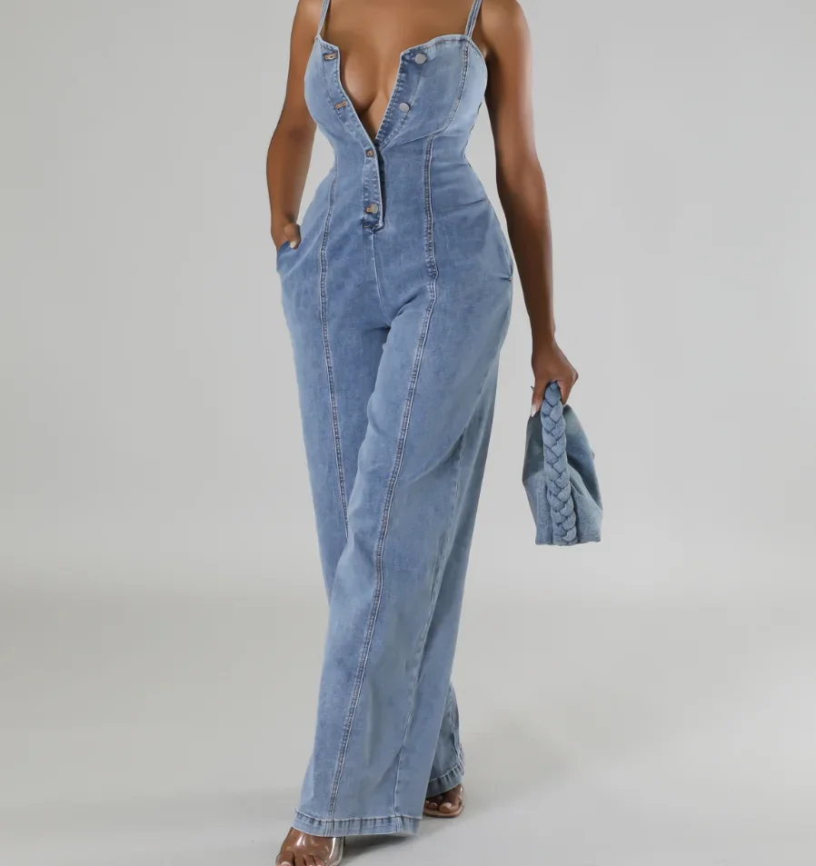 

Women's Fashion Sexy Suspender Denim Jumpsuit Female Casual Clothing New Style Women High Street Bandeau Wide Leg Long Jumpsuits