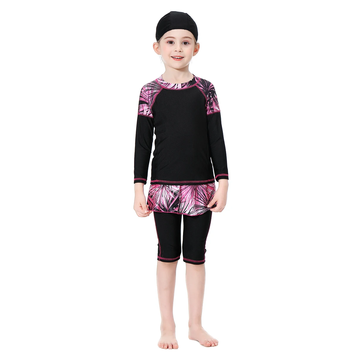 Muslim Girls Swimwear Burkini for Children 2-16Y 3pcs/set Color Patchwork Leaves Printing Capri Pants With Skirt Quick Dry