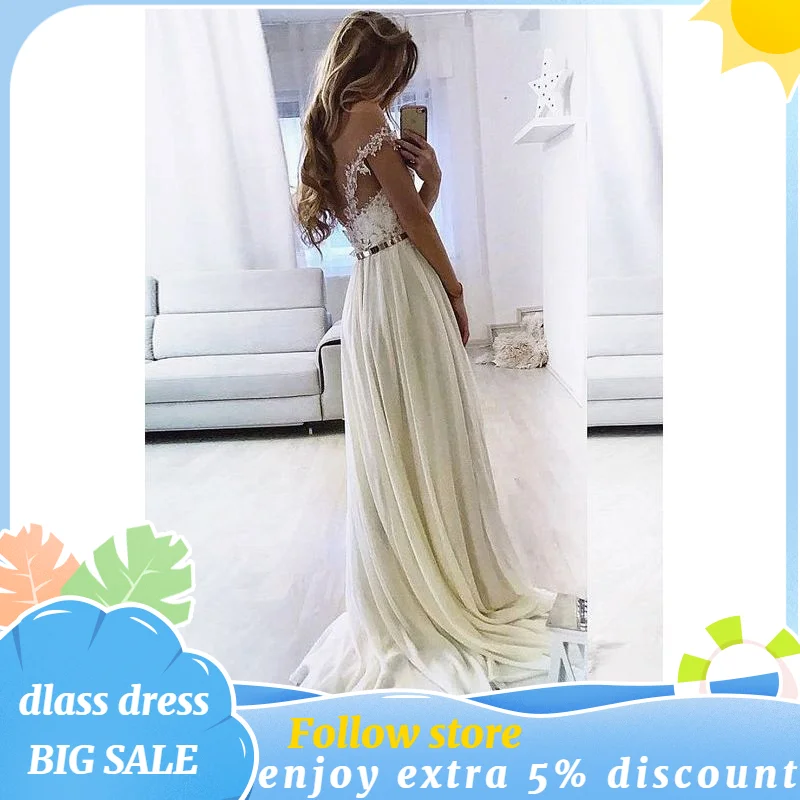 White New Evening Dresses A-line Chiffon Split Sexy V-neck Spaghetti Strap Applique Laces Sweep Train Prom Dress robe de soiree