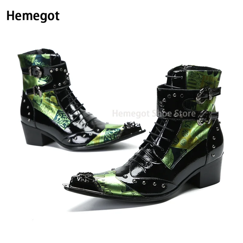 New Iron Pointed Green Graffiti Boots Men's High Top Brogue Booties Fashionable Men's Banquet Leather Boots Men's Boots