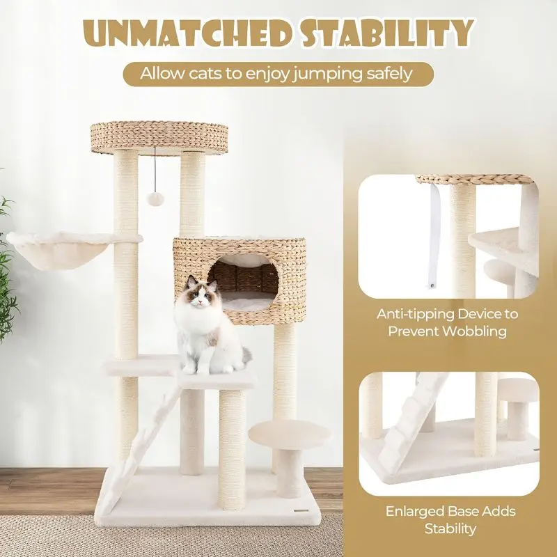 

Cat Tree Tower for Indoor Cats Multi Level with Cattail Fluff Condo Top Perch Sisal Scratching Posts Hanging Toy Anti Tip Stable