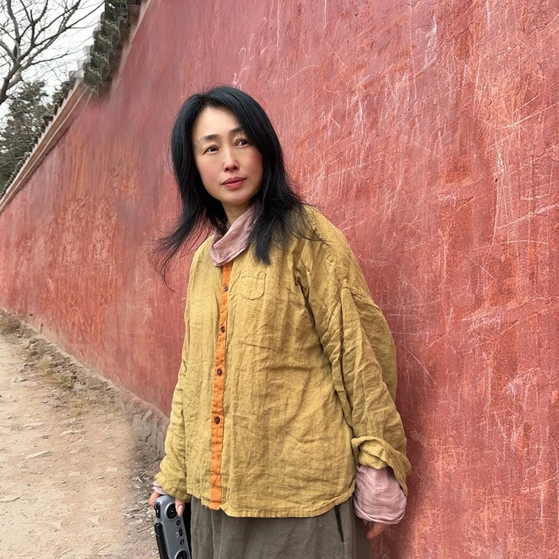 여성 긴 소매 리넨 셔츠 새로운 도착 2025 봄 빈티지 스타일 오-넥 느슨한 편안한 여성 캐주얼 탑 셔츠 T495