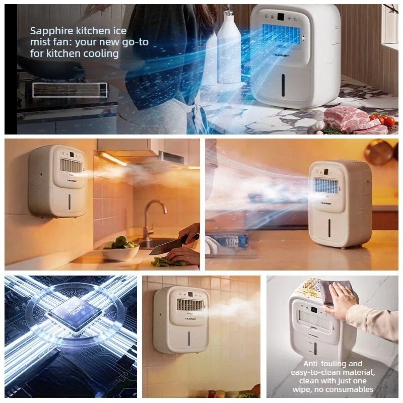 Kitchen Cooling Fan Misting, Portable Water Cooler Air Cooler with Humidifier, No Ice Crystals Required, Low Noise Wall Mount