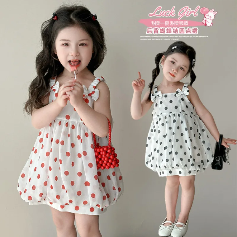 Girls Dress Summer 2026 New Foreign Style Children's Summer Dress Flying Sleeves Polka Dot Baby Bow Princess Skirt