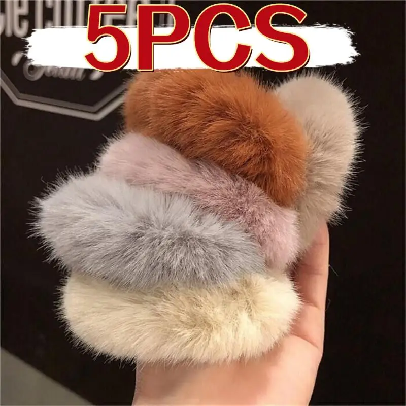 5Pcs Winter Plush Hair Scrunchies Headband Cute Korean Furry Elastic Hair Band Faux Fur Gril's Hair Tie Women's Hair Accessories