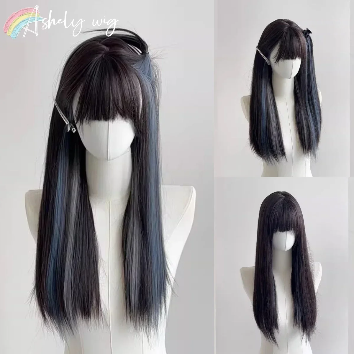 

Black Wig Blue Long Straight Wigs with Bangs JK Ombre Lolita Wig Natural High Quality Synthetic Wigs Heat-resistant Fibers 가발