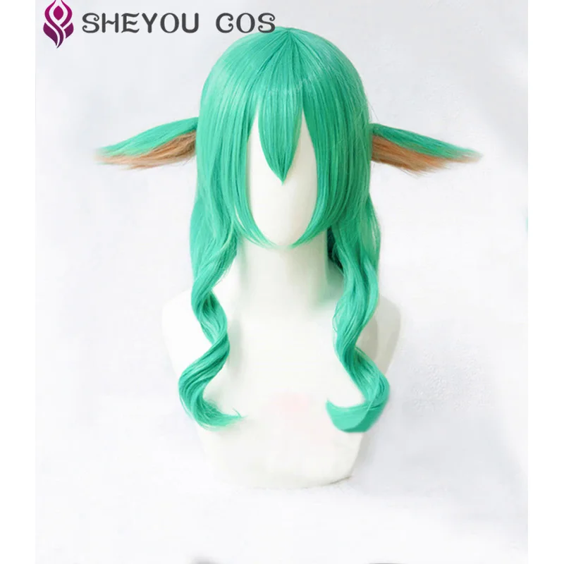 43'' 110cm Long Green Blue Cosplay Wig LOL Cosplay Star Guardian Soraka Heat Resistant Synthetic Hair Wig   Clips Ears   Wig Cap