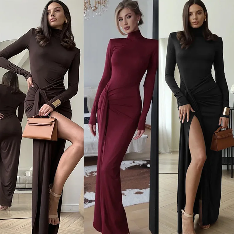 Modisches langes Wickelkleid mit hohem Schlitz und Gürtel, sexy würziges Slim-Fit-Kleid mit hohem Kragen für die Herbst-Winter-Saison, grenzüberschreitender Stil